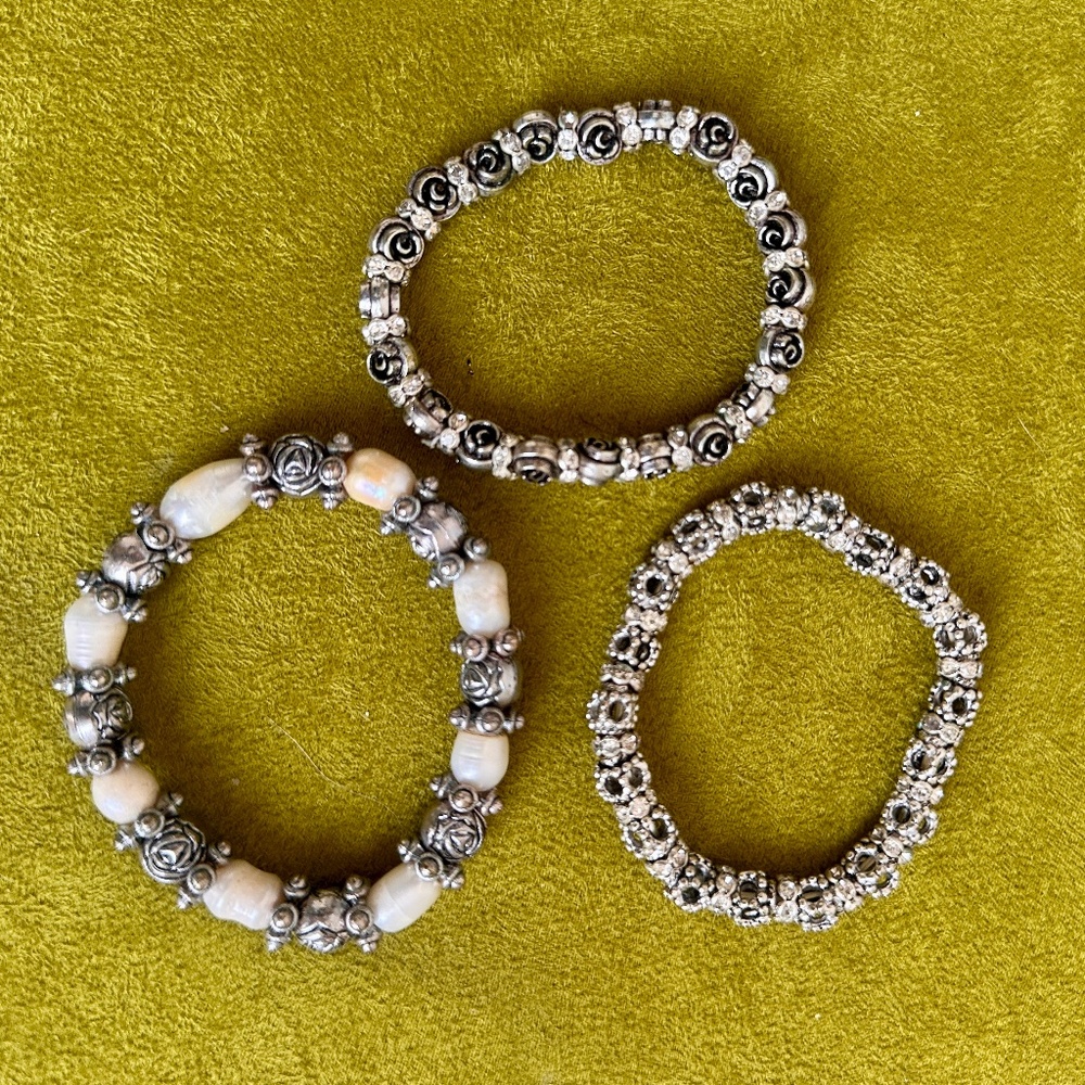 Three Stretch Beaded Bracelets Metal Pearl Rhinestone Rosettes Brighton?